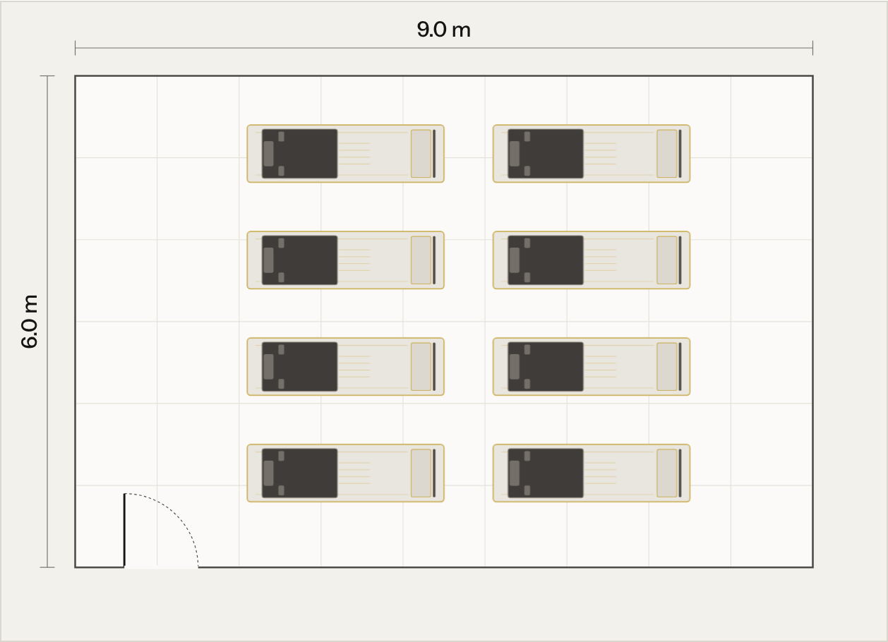 Planner drawing of a 9 by 6 metre room with eight Pravéon reformers in two rows, each with 60 cm clear around it